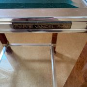Side table Pierre Vandel Paris, magnifying glass and chrome, engraved brass plate.