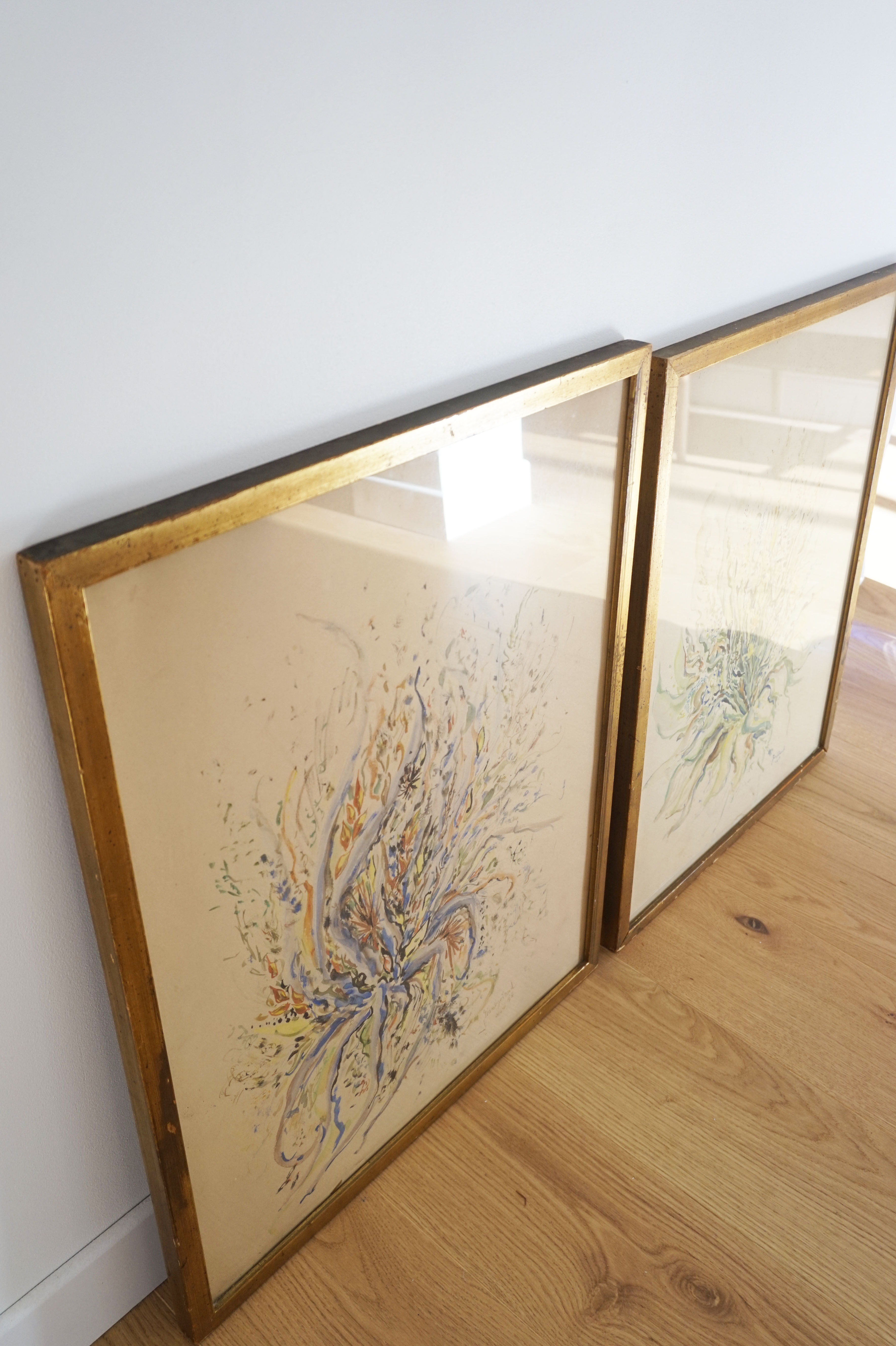 Pair of vintage paintings 1950 frame gilded wood