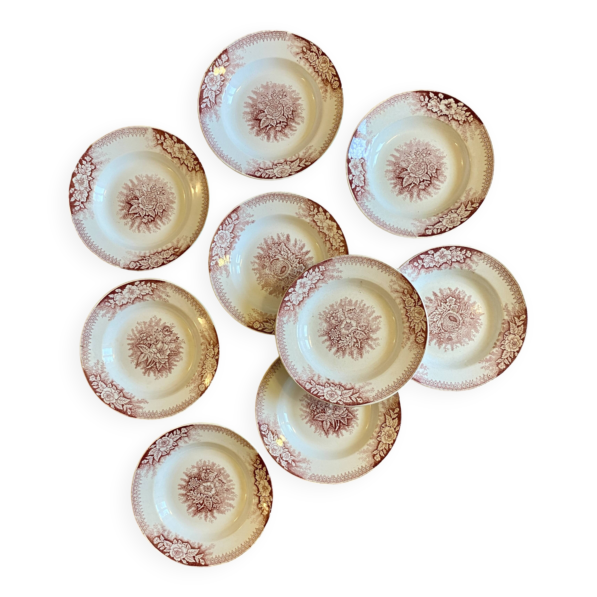 Set of 9 old ironstone hollow plates - Jardinière de Saint Amand