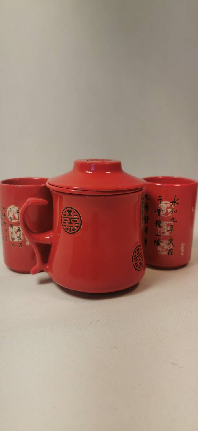 Teapot duo red ceramic asian black pattern with 2 cups