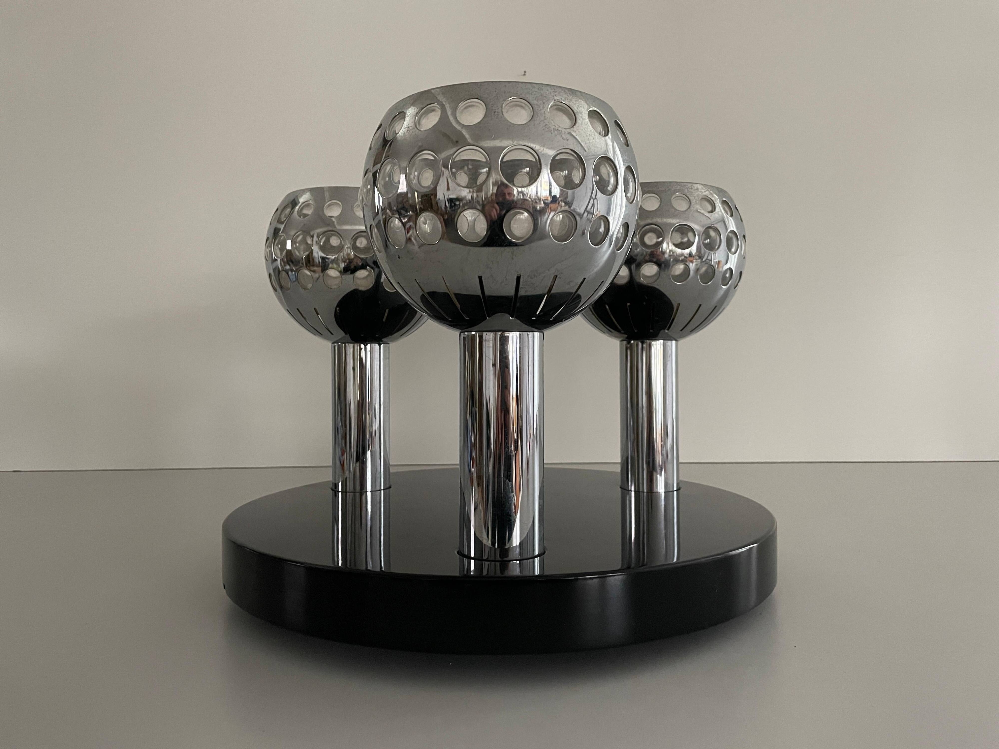 Mid-century ceiling light with 3 shades and wooden base, 1960s, Italy.