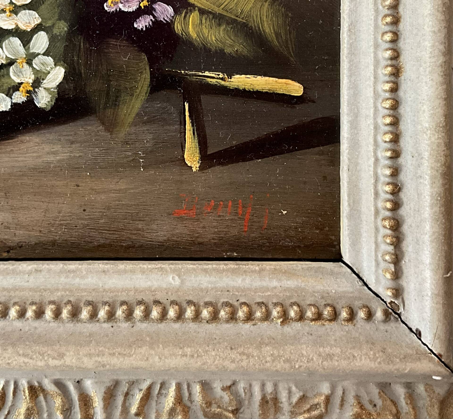 Huile sur panneau ancienne, bouquet de fleurs, cadre en bois sculpté d