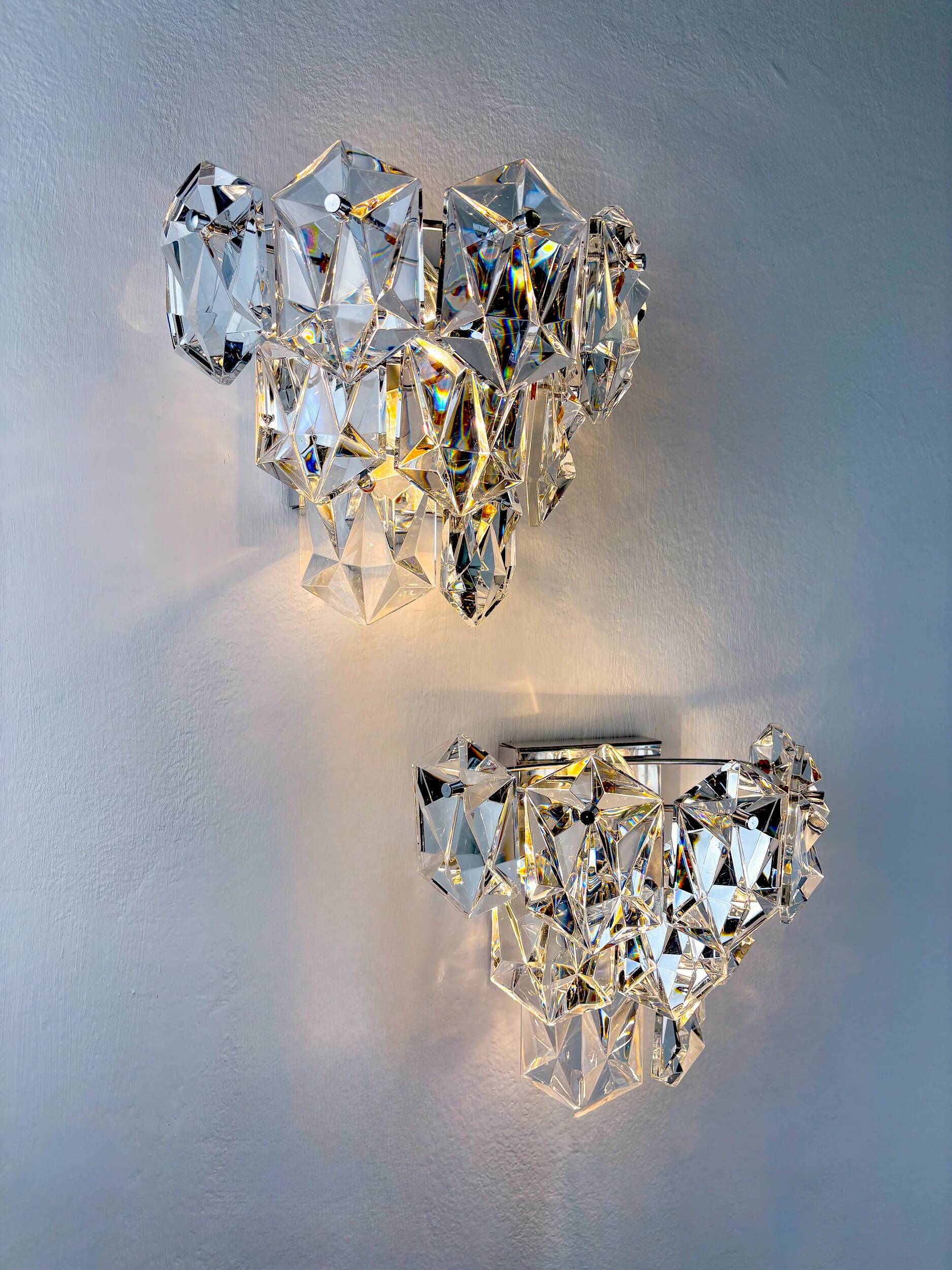 Pair of Kinkeldey 2-tier cut crystal wall sconces, Germany, circa 1970s