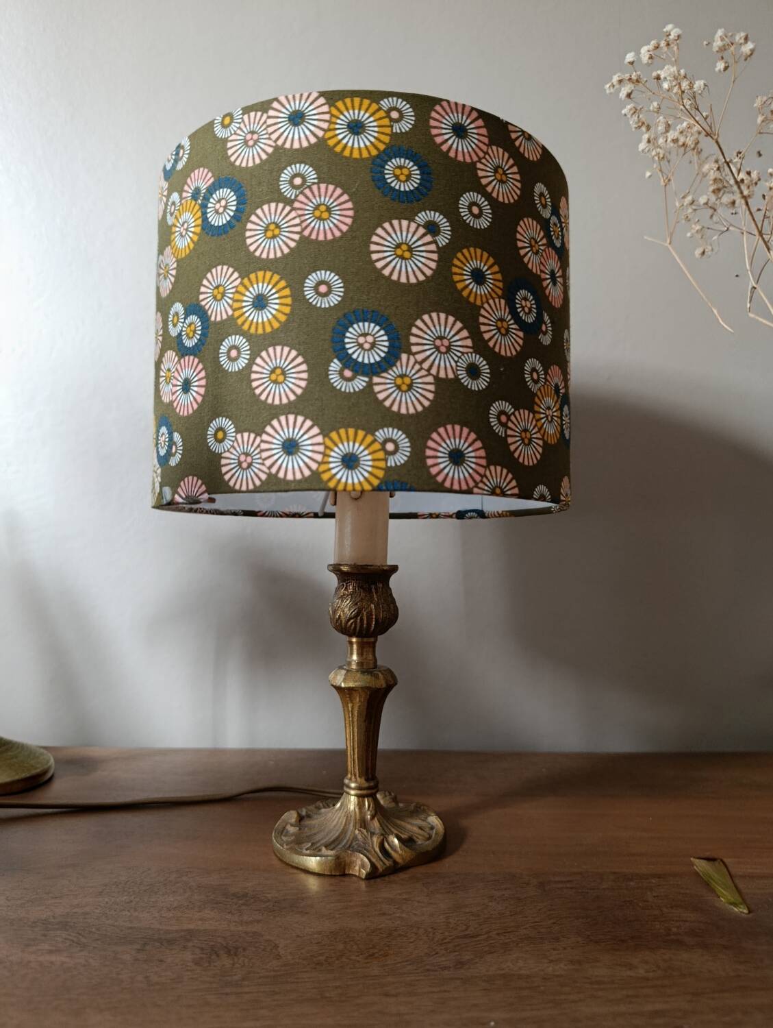 brass table lamp | khaki lampshade with multicoloured daisies