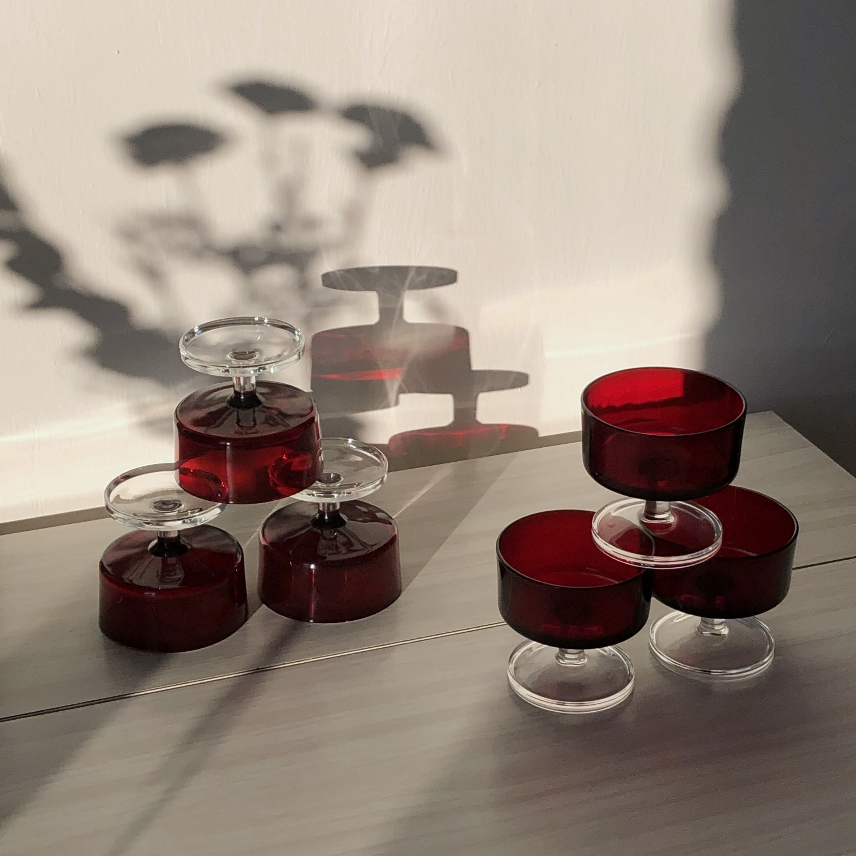 Translucent red champagne or dessert glasses, model Cavalier Luminarc 70s'.