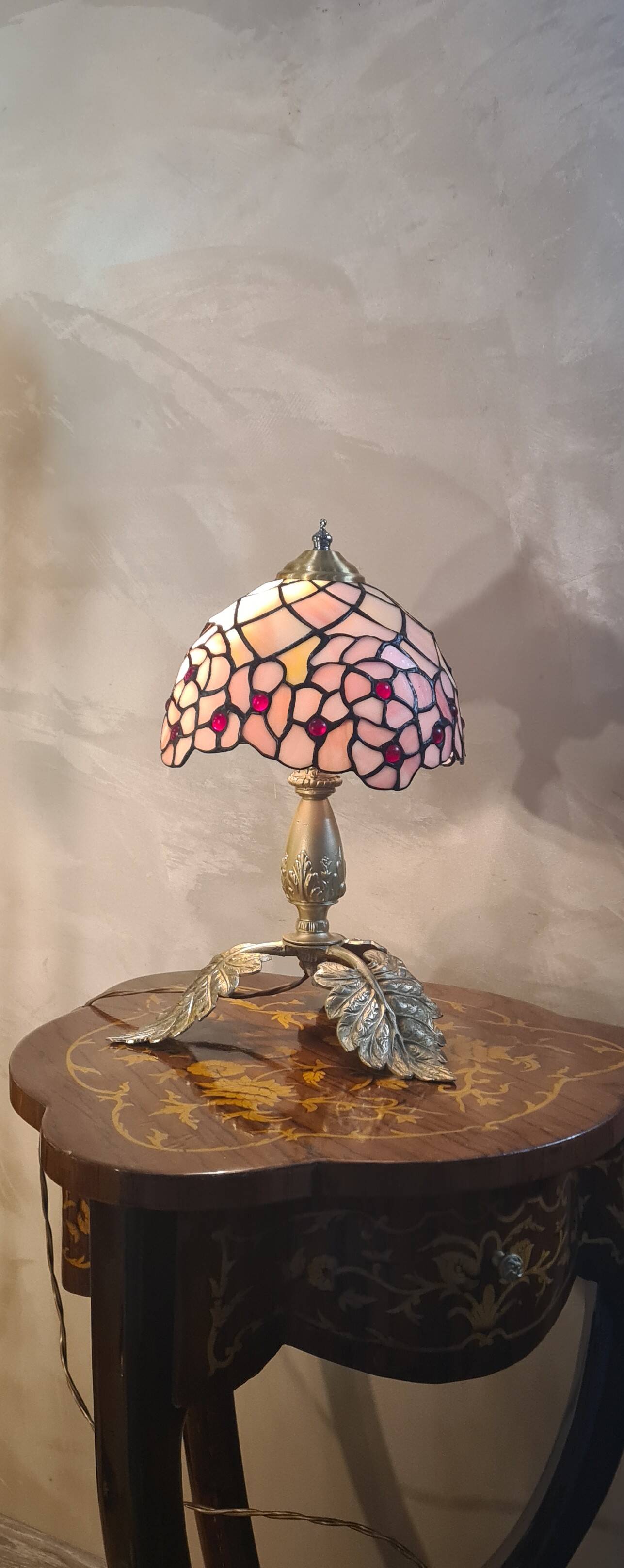 antique bronze lamp with leaf base and glass paste, art nouveau stained glass