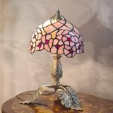 antique bronze lamp with leaf base and glass paste, art nouveau stained glass
