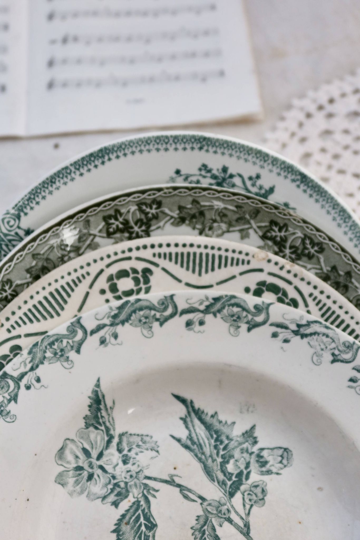 4 mismatched old green ironstone deep plates