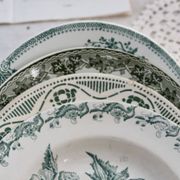 4 mismatched old green ironstone deep plates