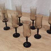 8 vintage smoked champagne flutes with black feet Arcoroc