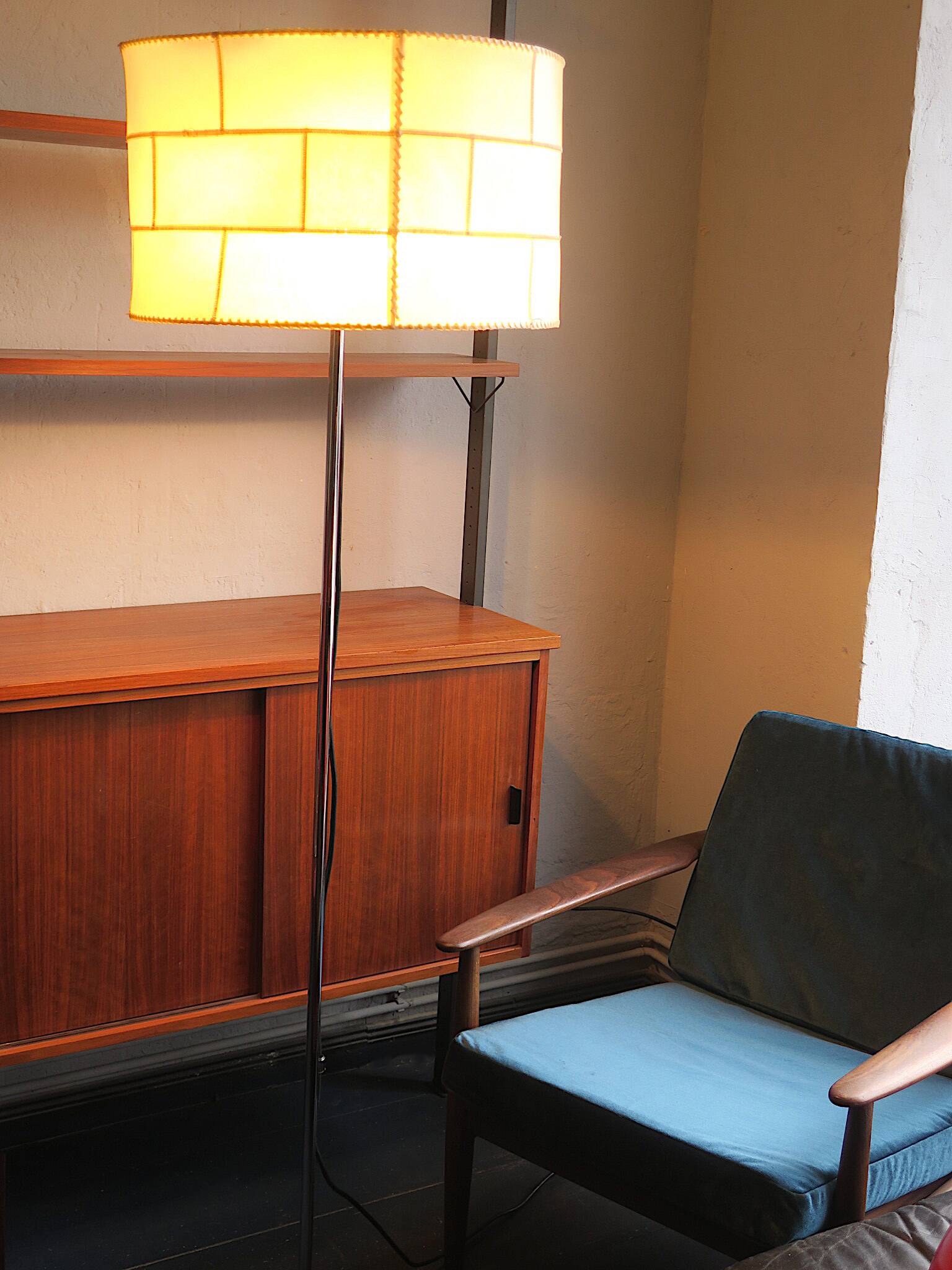 Staff patchwork floor lamp, parchment shade and black leather foot, 1960s