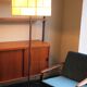 Staff patchwork floor lamp, parchment shade and black leather foot, 1960s
