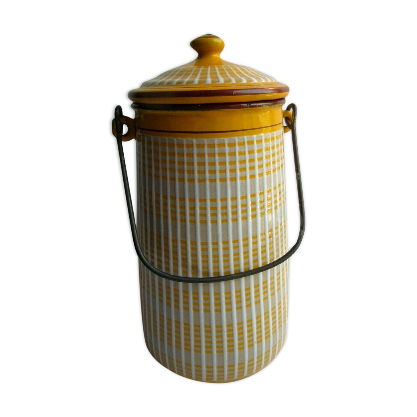 Art Deco milk pot, enamelled sheet as coffee maker, yellow and white signed BB