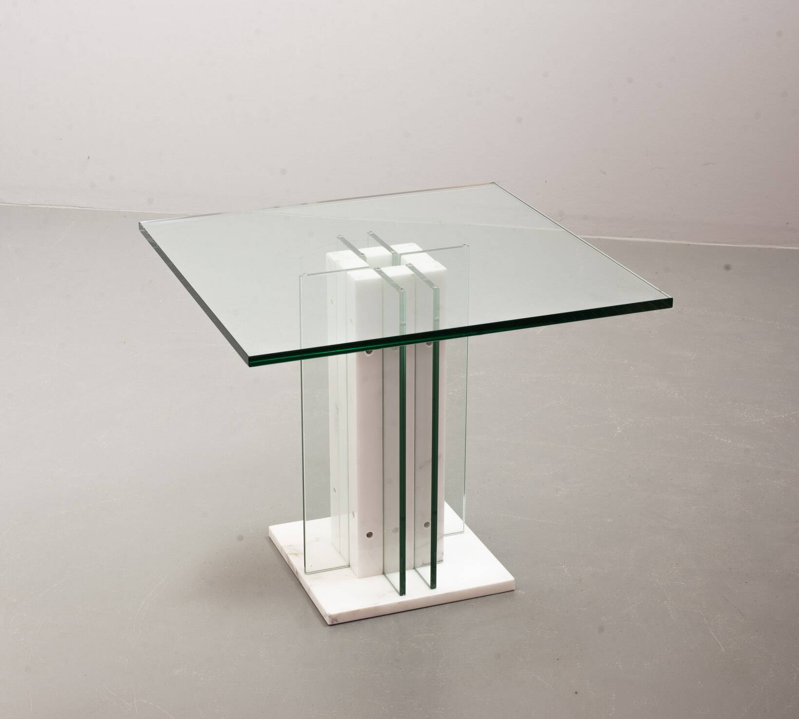White Marble Italian Square Side Table with Glass Top and Lighting Option