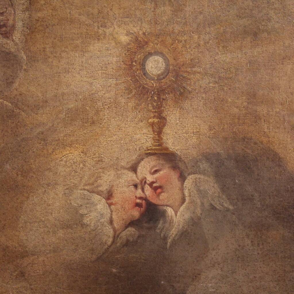 Antique Italian painting of adoration of friars with cherubs 17th century