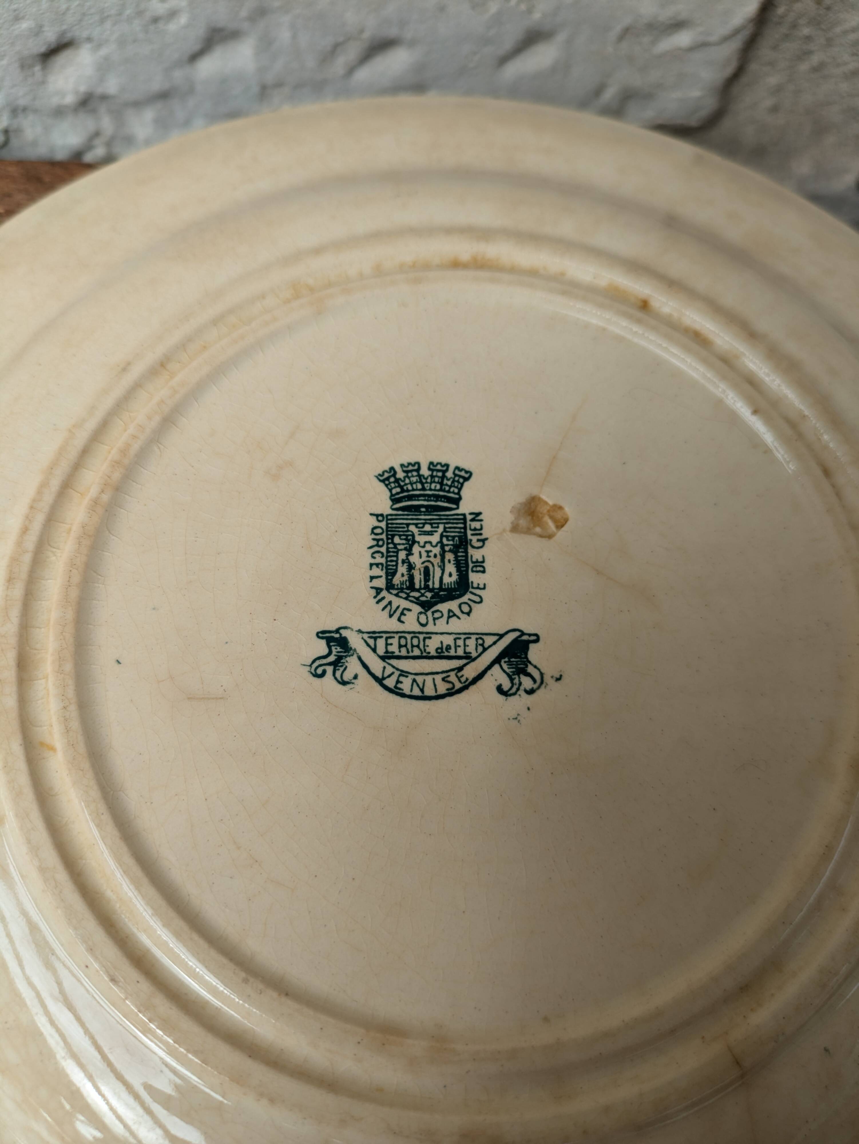 Set of 4 old opaque porcelain plates from Gien, Venice Terre de fer model