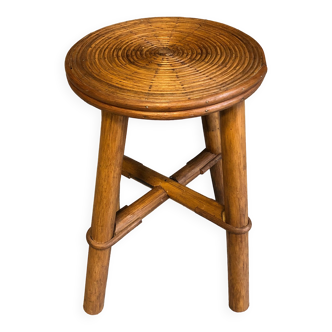 Vintage round tripod stool in rattan bamboo