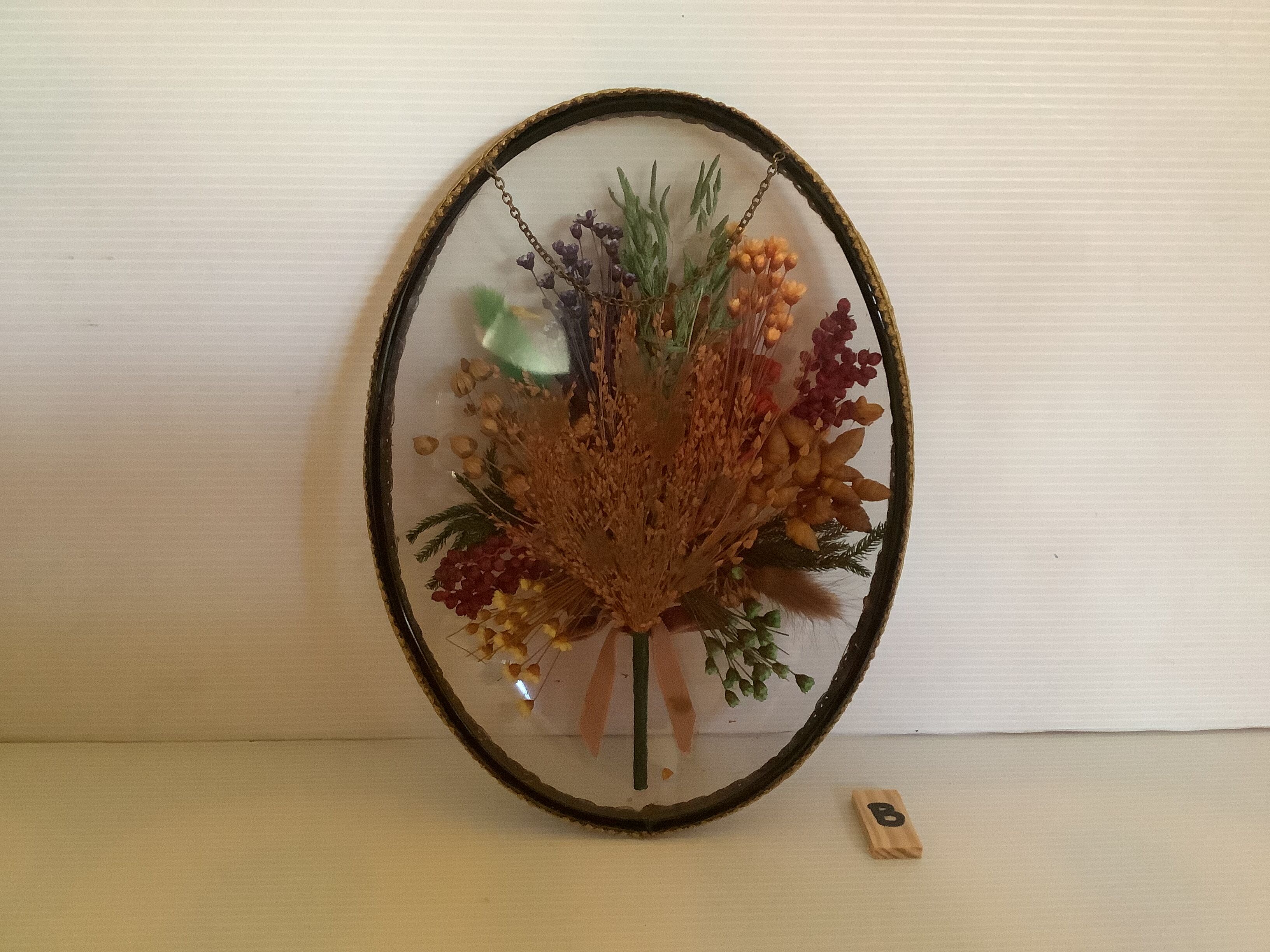 Old glass frame domed natural dried flowers