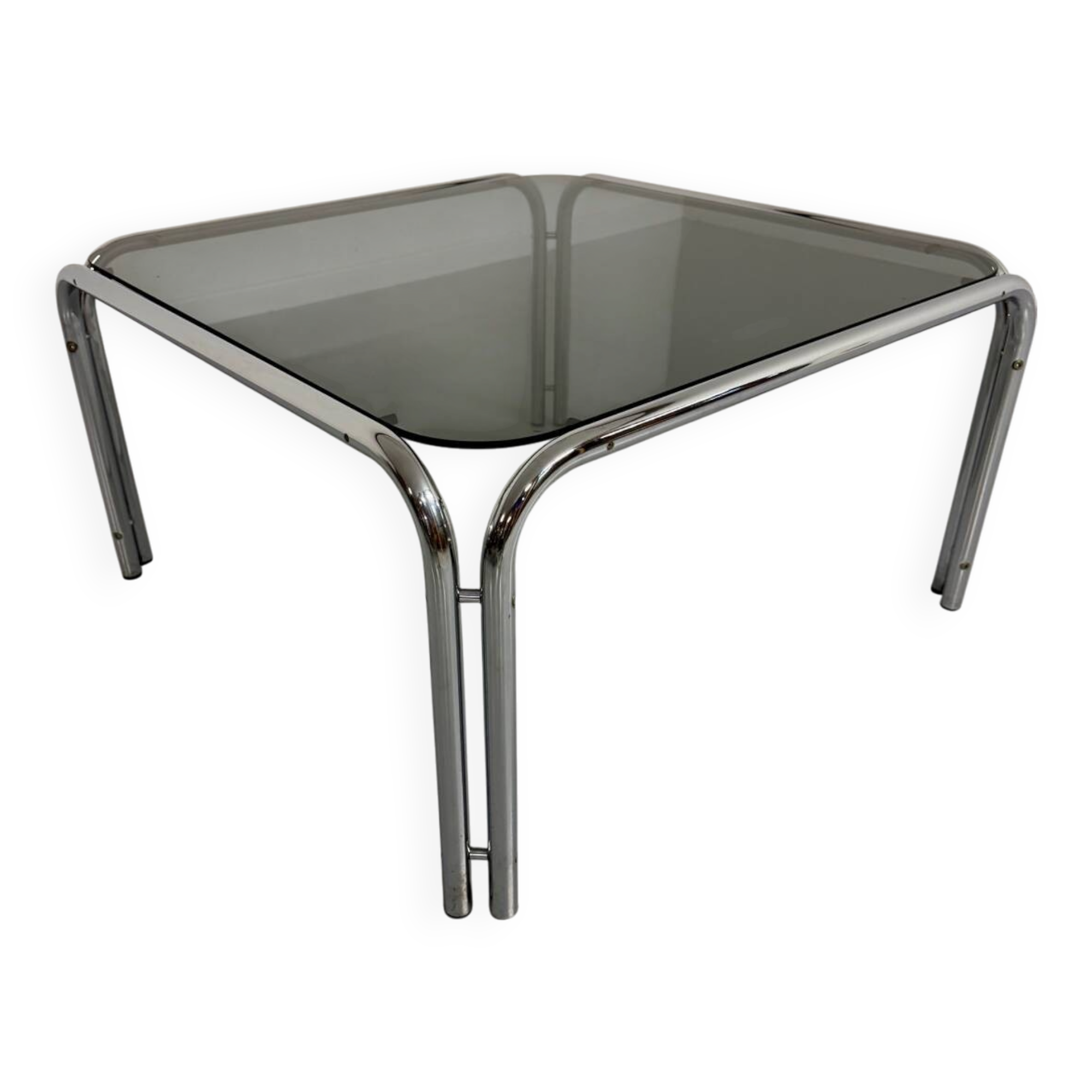 Space coffee table from the 70s, tubular metal and vintage smoked glass