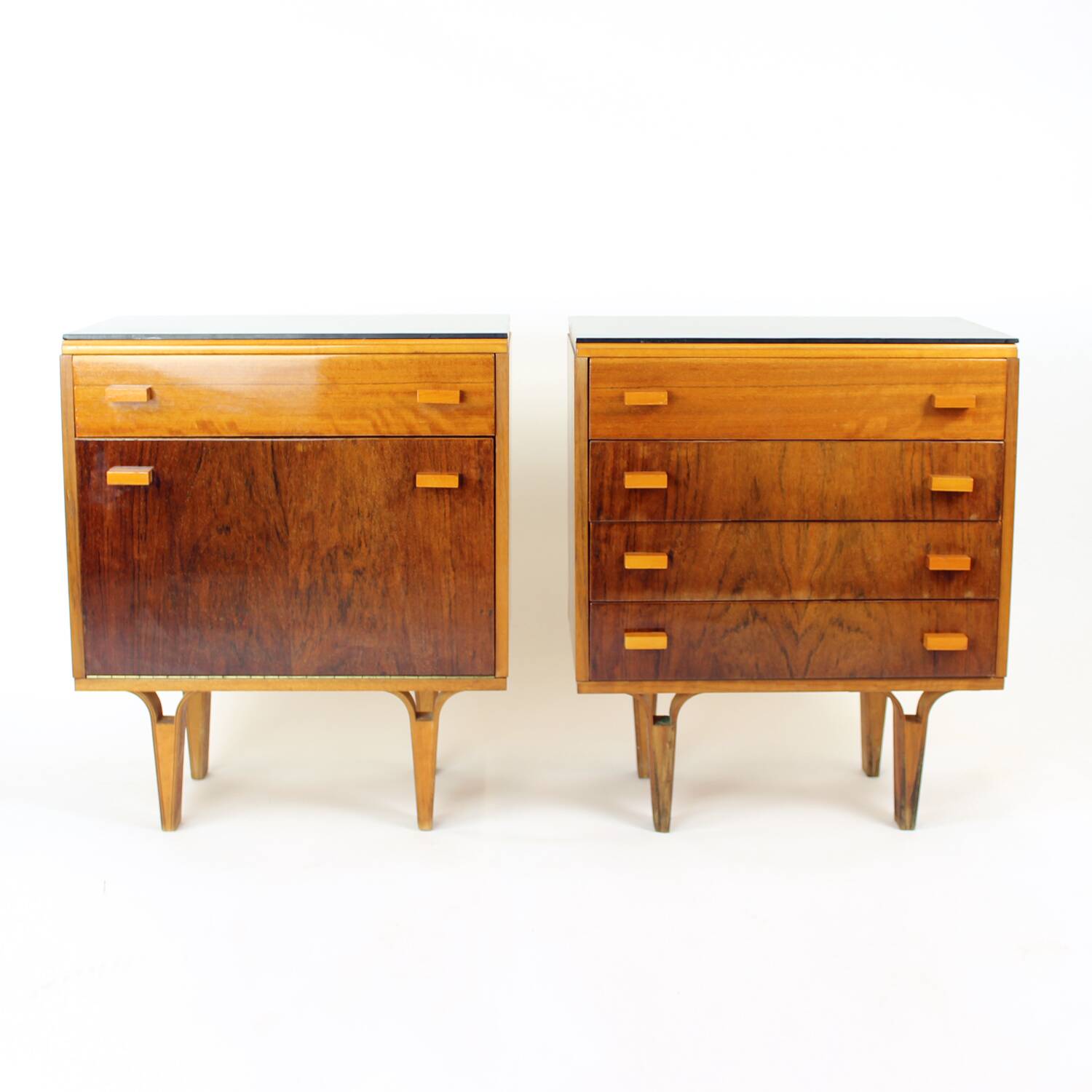 Set Of Mid Century Bedside Tables In Walnut And Black Glass, Czechoslovakia