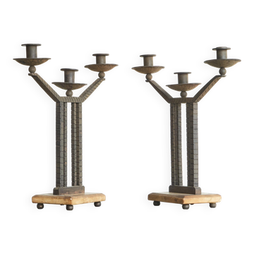 Art Deco pair of candle holders in wrought iron and stone