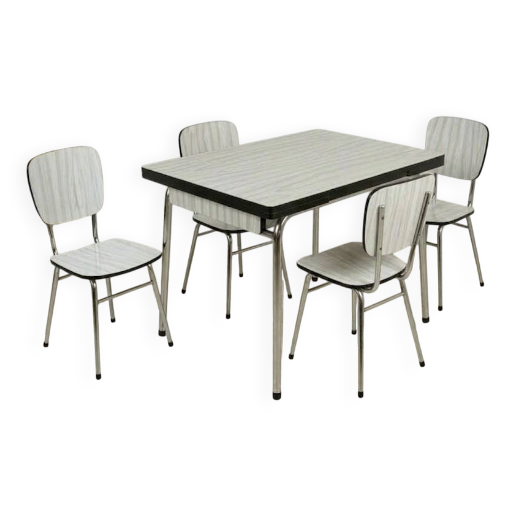 Ensemble Table et 4 chaises Formica Blanc et zébrures grises ou brunes