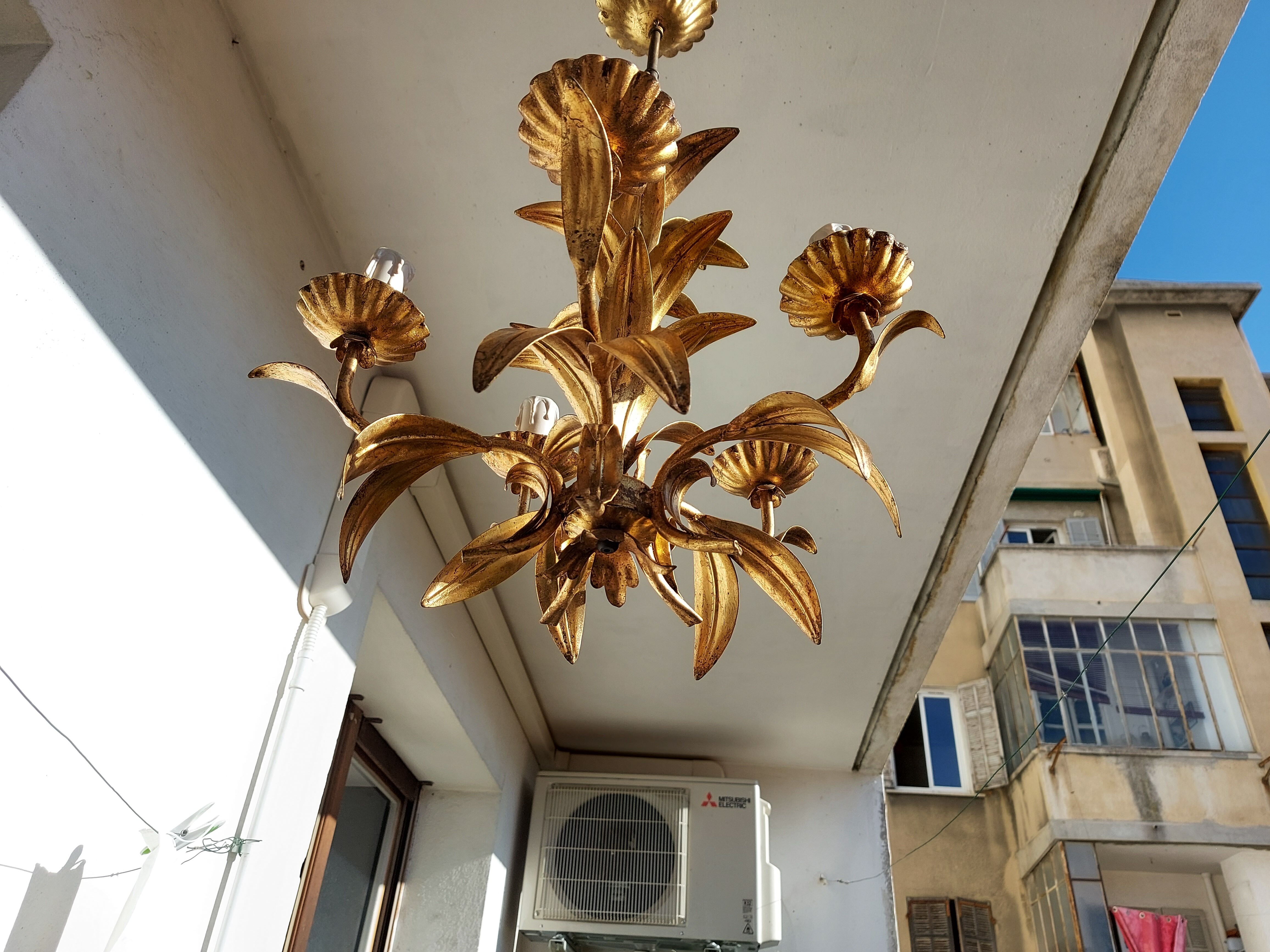 Chandelier gilded metal leaves by Hans Kogl, 1970's