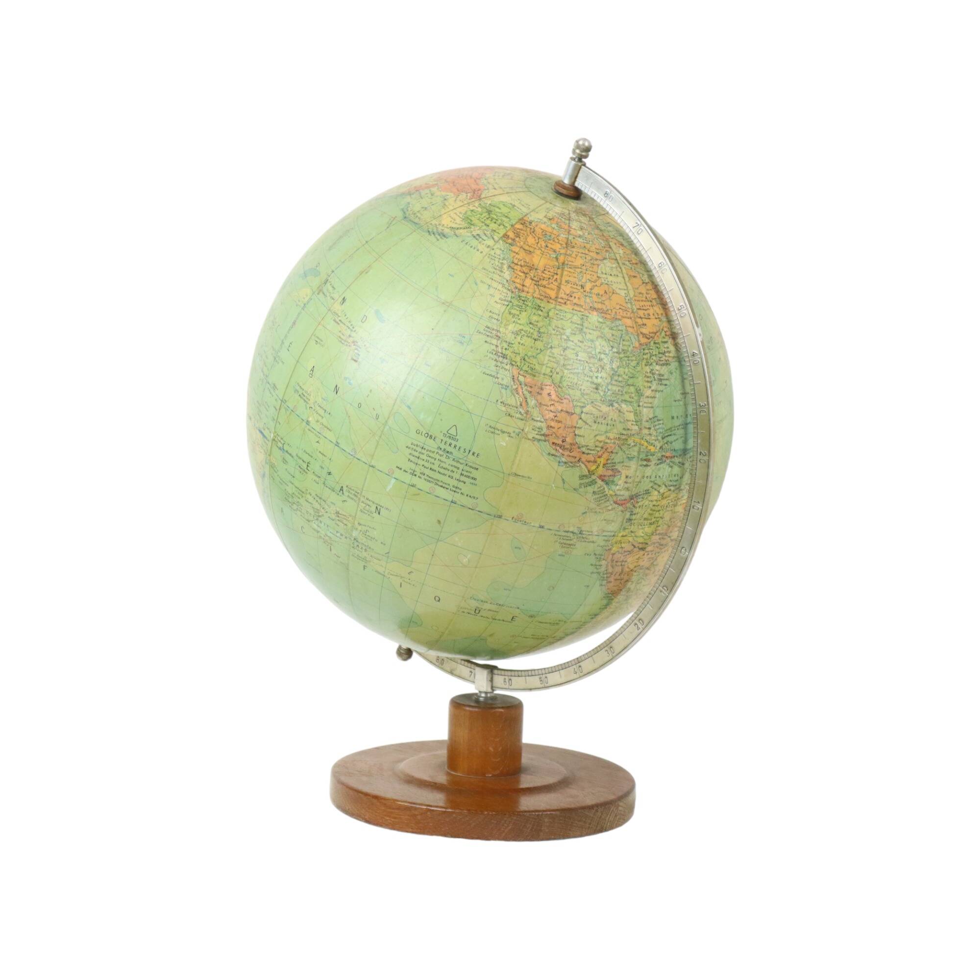 Vintage globe with oak base Dr Arthur Krause 1950s