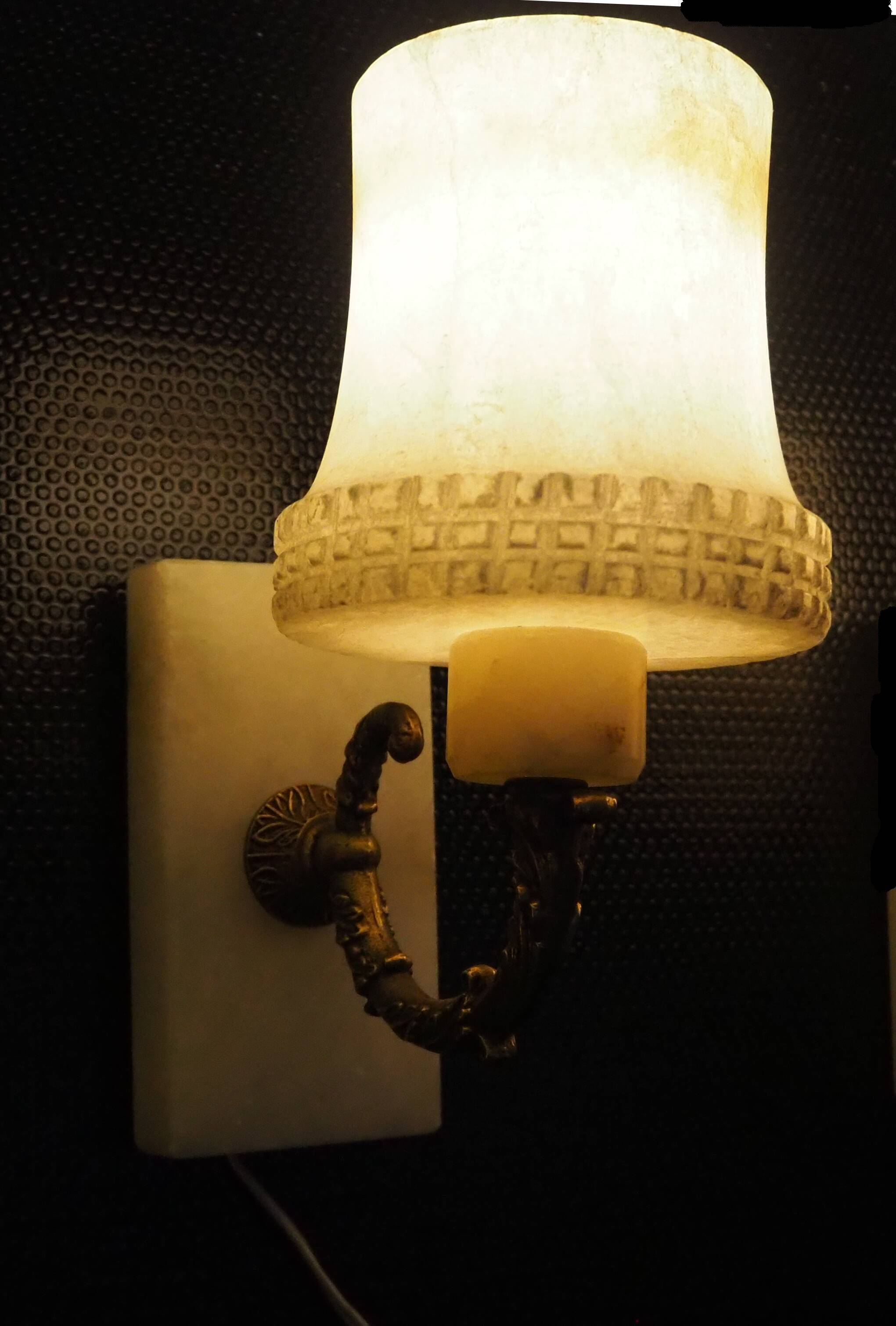 Pair of curved alabaster and bronze appliques