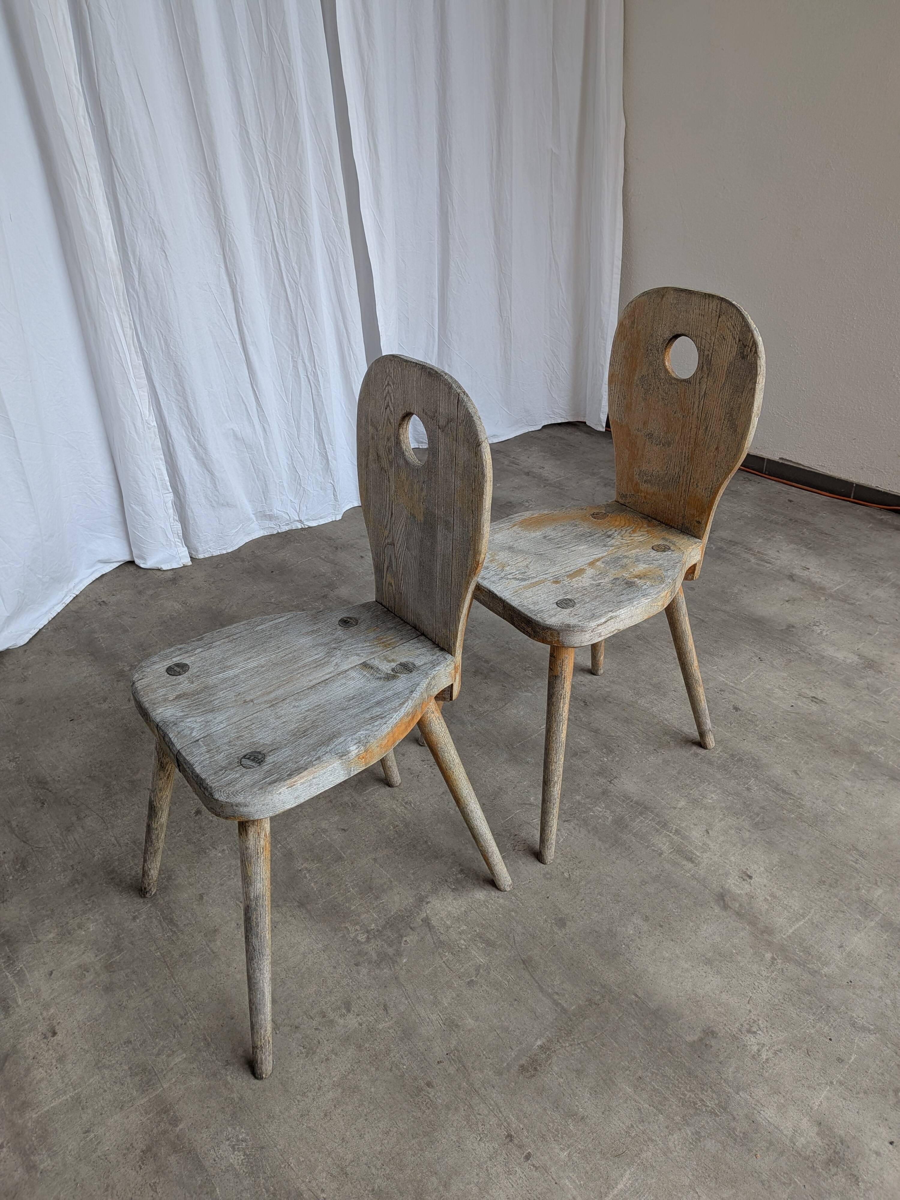 Set of 2 Rustic Primitive Wooden Chairs / Weathered Farmhouse Dining Chairs