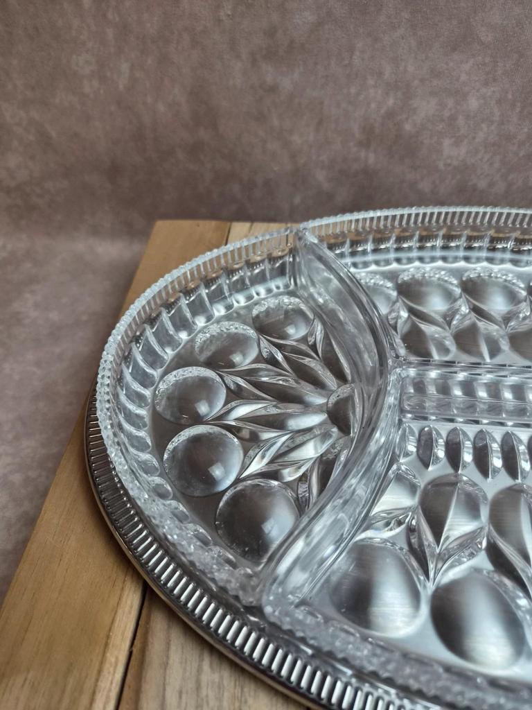 Vintage silver-plated metal tray with a segmented glass aperitif dish.