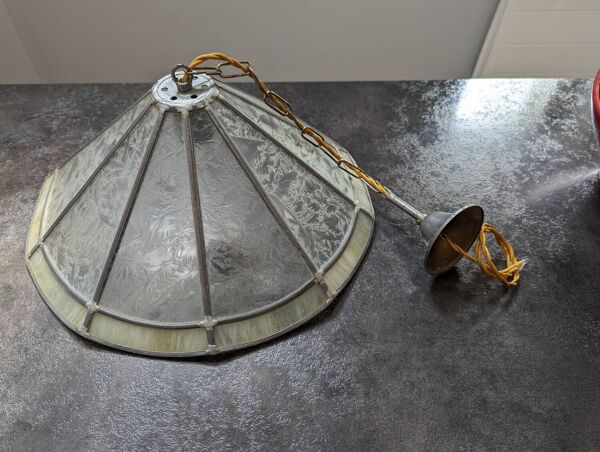 Ancienne grande suspension Art déco abat jour nacre et verre