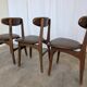Set of 3 Vintage Wooden Dining Chairs with Brown Leather Seats / Mid-Centur