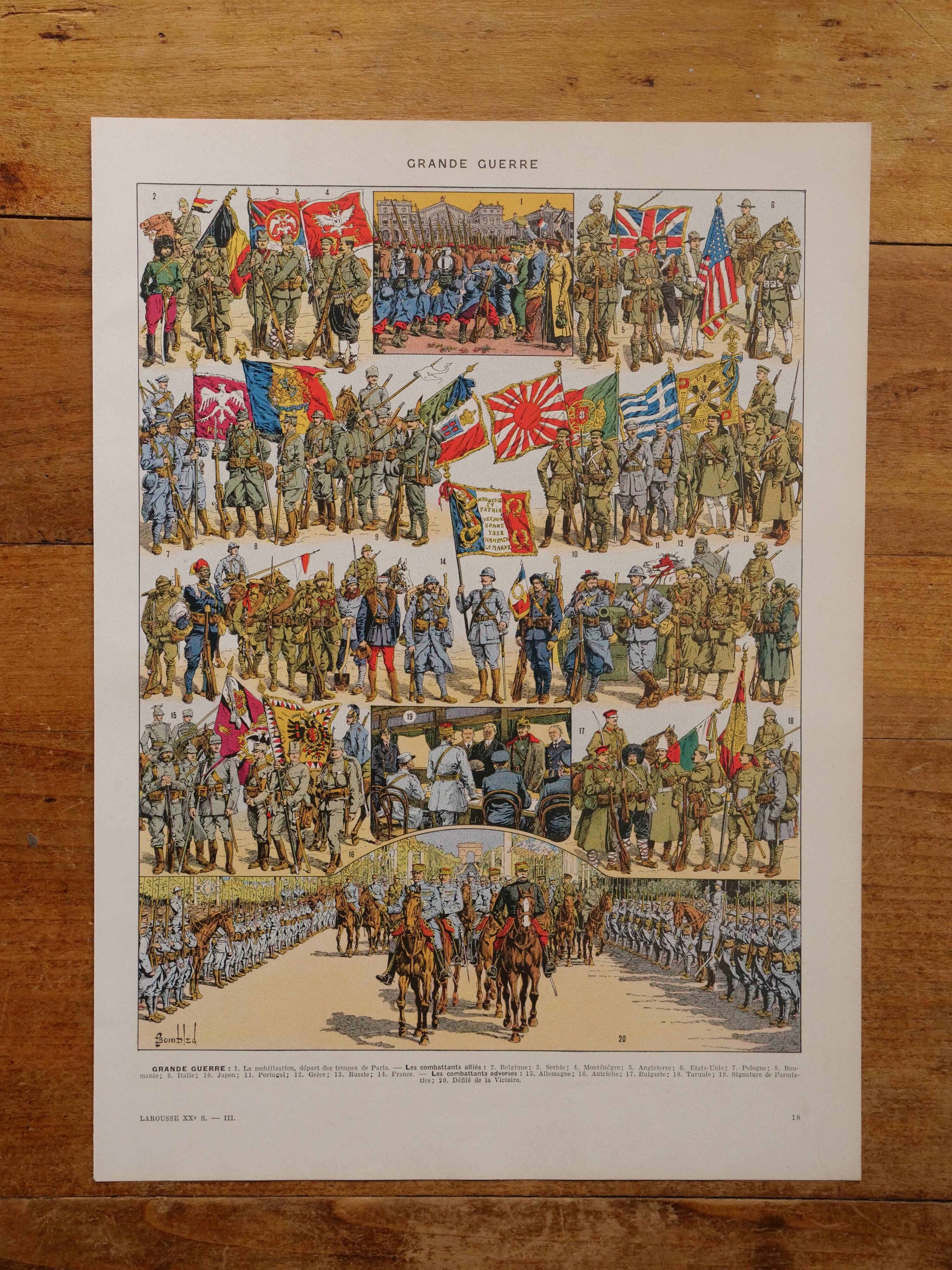 Original lithograph on the first world war (troops + map)