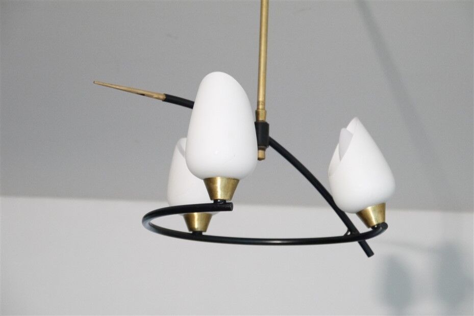 Vintage chandelier arlus in metal, opaline and brass 1950