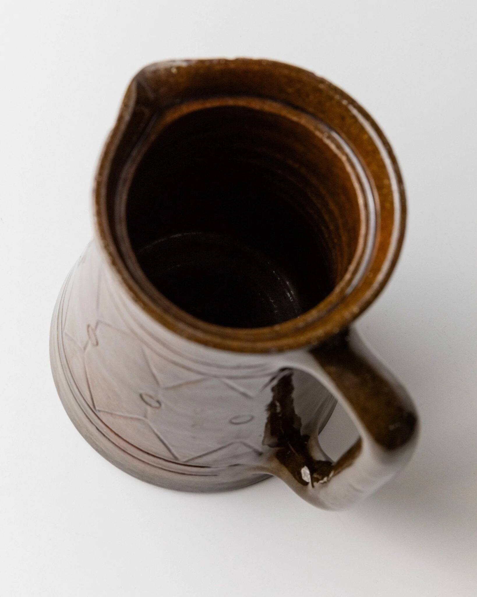 Vintage ceramic pitcher or vase with handle by Urbano Fontana, relief, brown glaze, Italy 1970s.