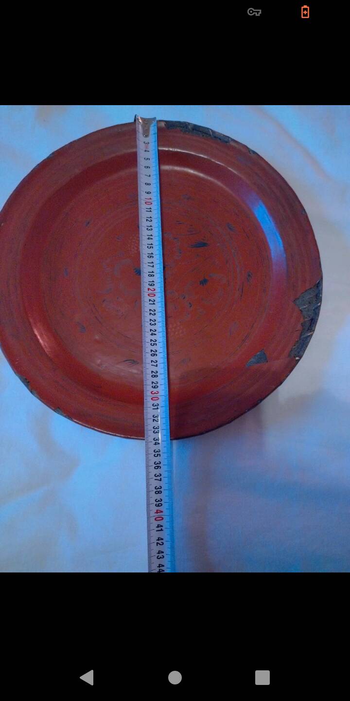 Dish, Indian tray painted in burgundy and tripod