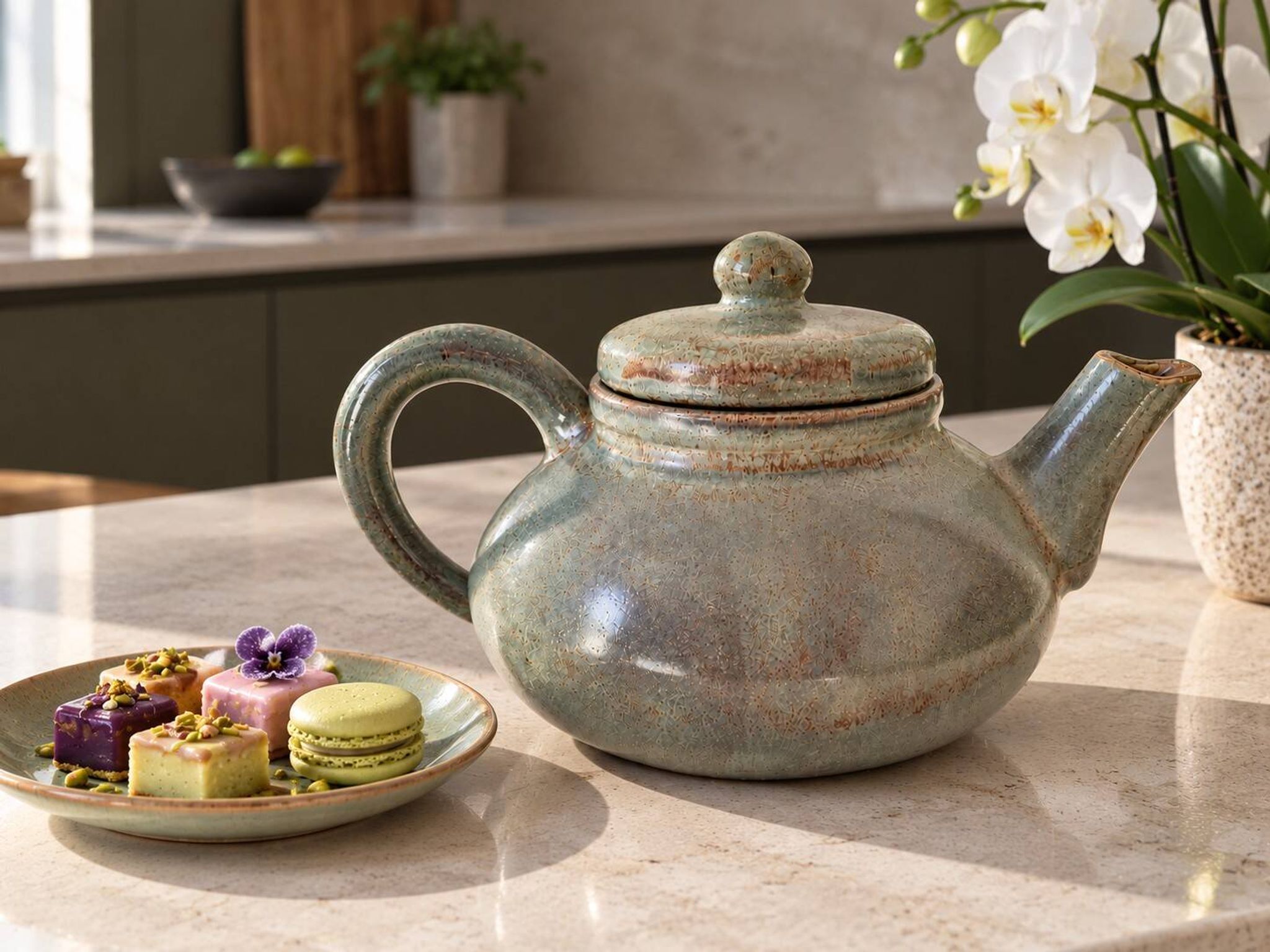 Large handcrafted celadon glazed ceramic teapot