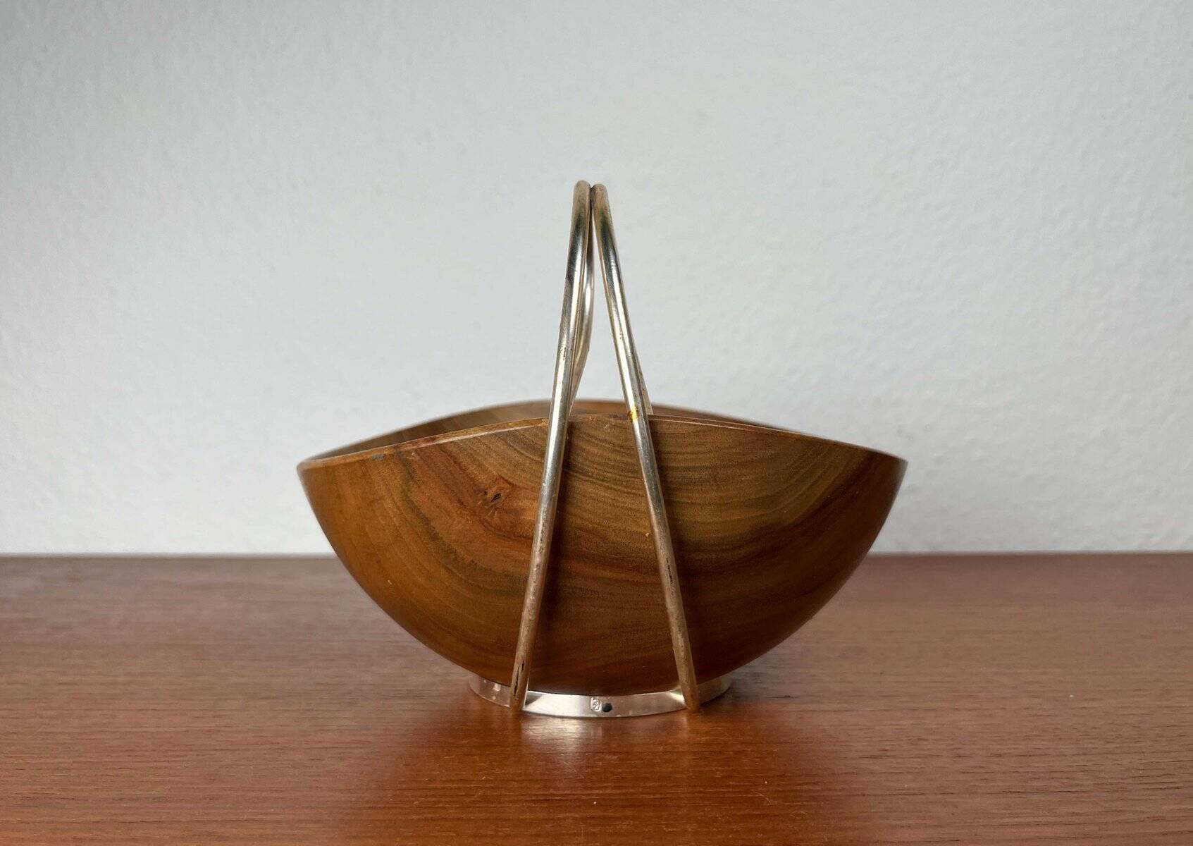 Mid-Century Modern Teak and Silver Plated Metal Bowl from Grasoli, Italy, 1960s