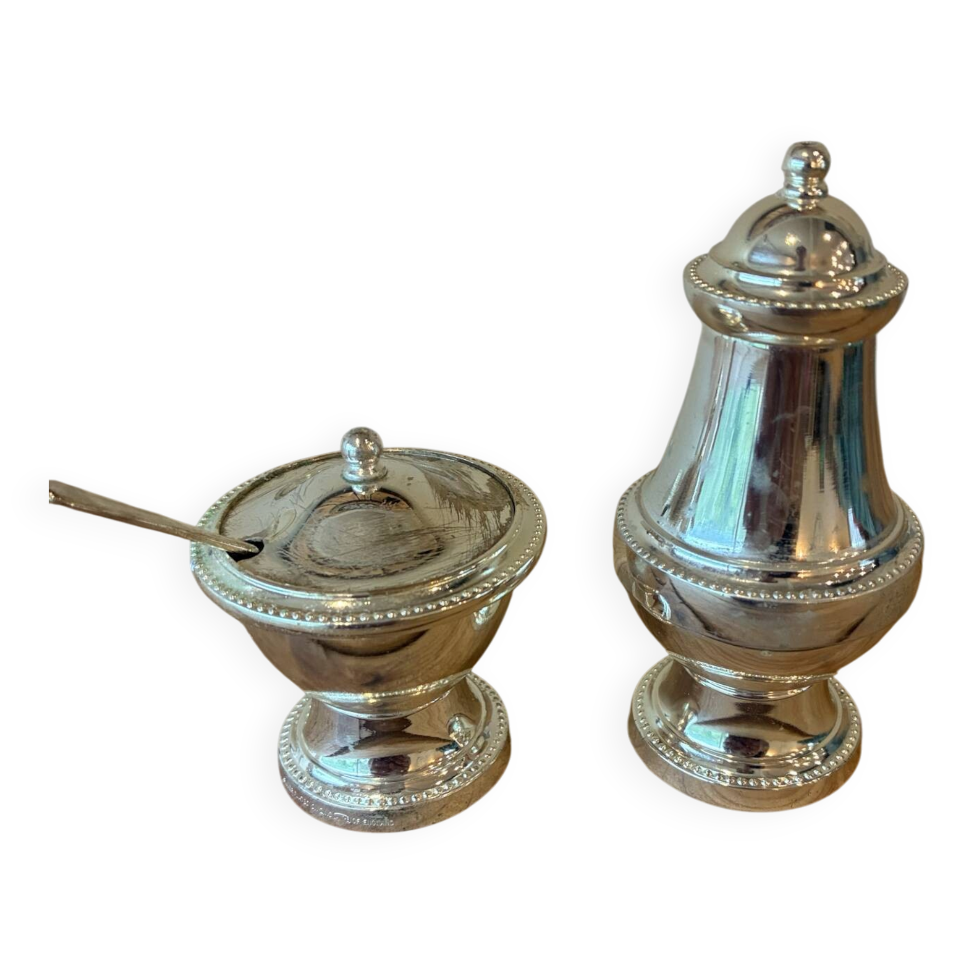 Vintage silver-plated table service duo – Mustard pot with spoon