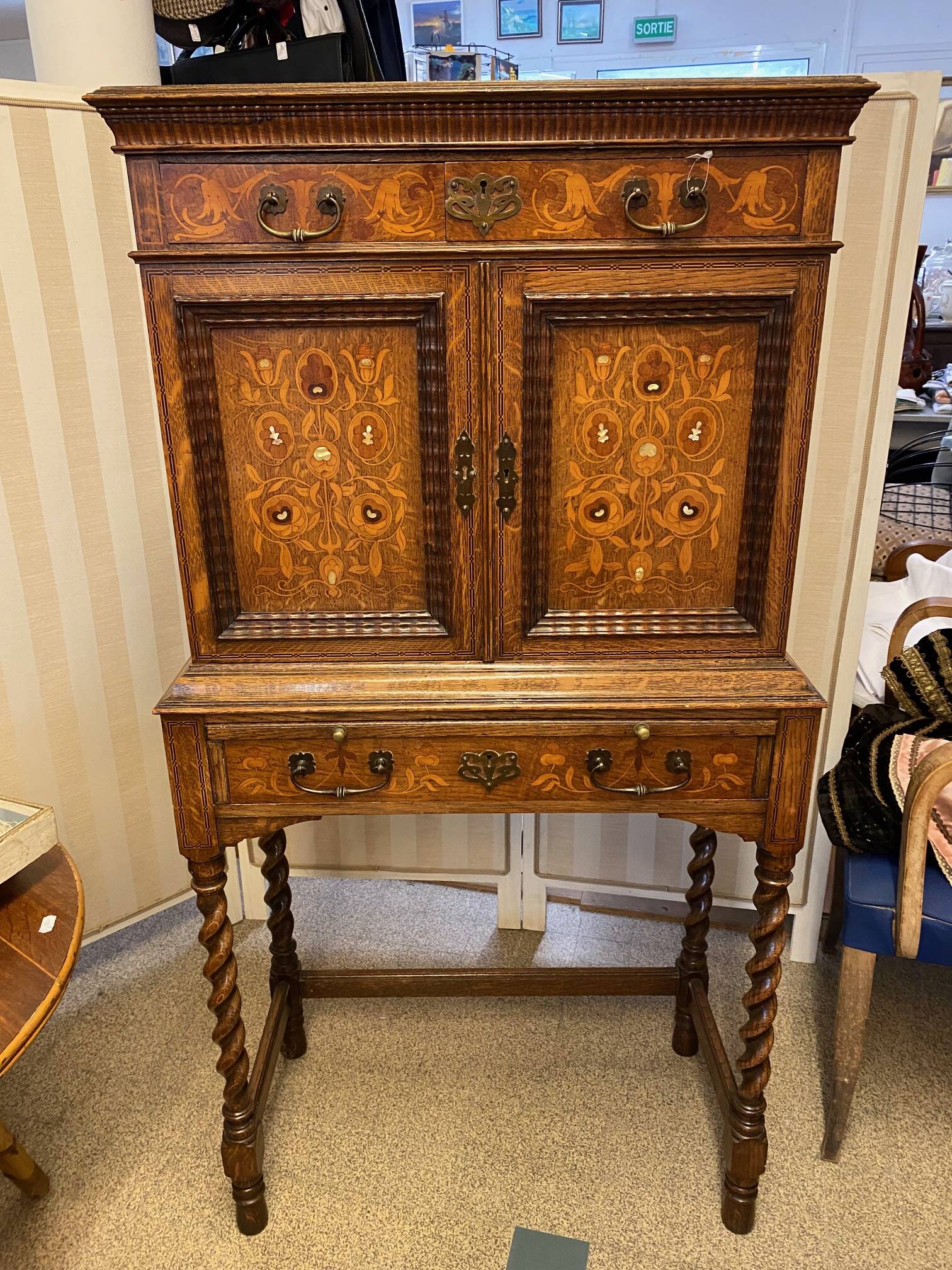 Lady bonheur du day secretary cabinet oak with marquetry and mother-of-pearl