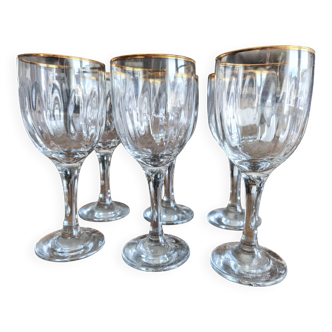 Set of 6 vintage red wine glasses with scrolled drinking rim and gold rim