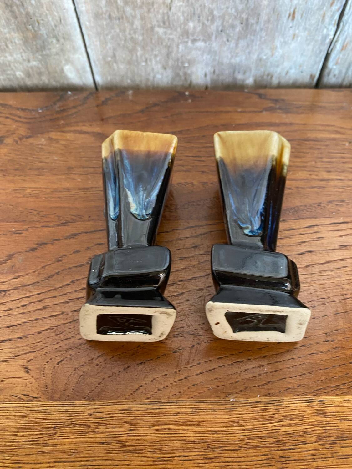 Pair of art deco flamed ceramic vases in black & beige vintage