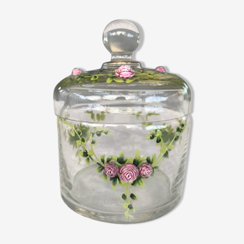 Bonbonnière verre soufflé, roses émaillées 1960