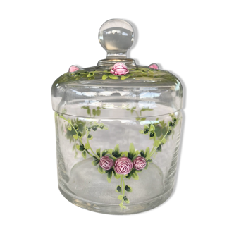 Bonbonnière verre soufflé, roses émaillées 1960