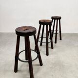 3 tabourets de bar brutaliste en cuir, Espagne 1970