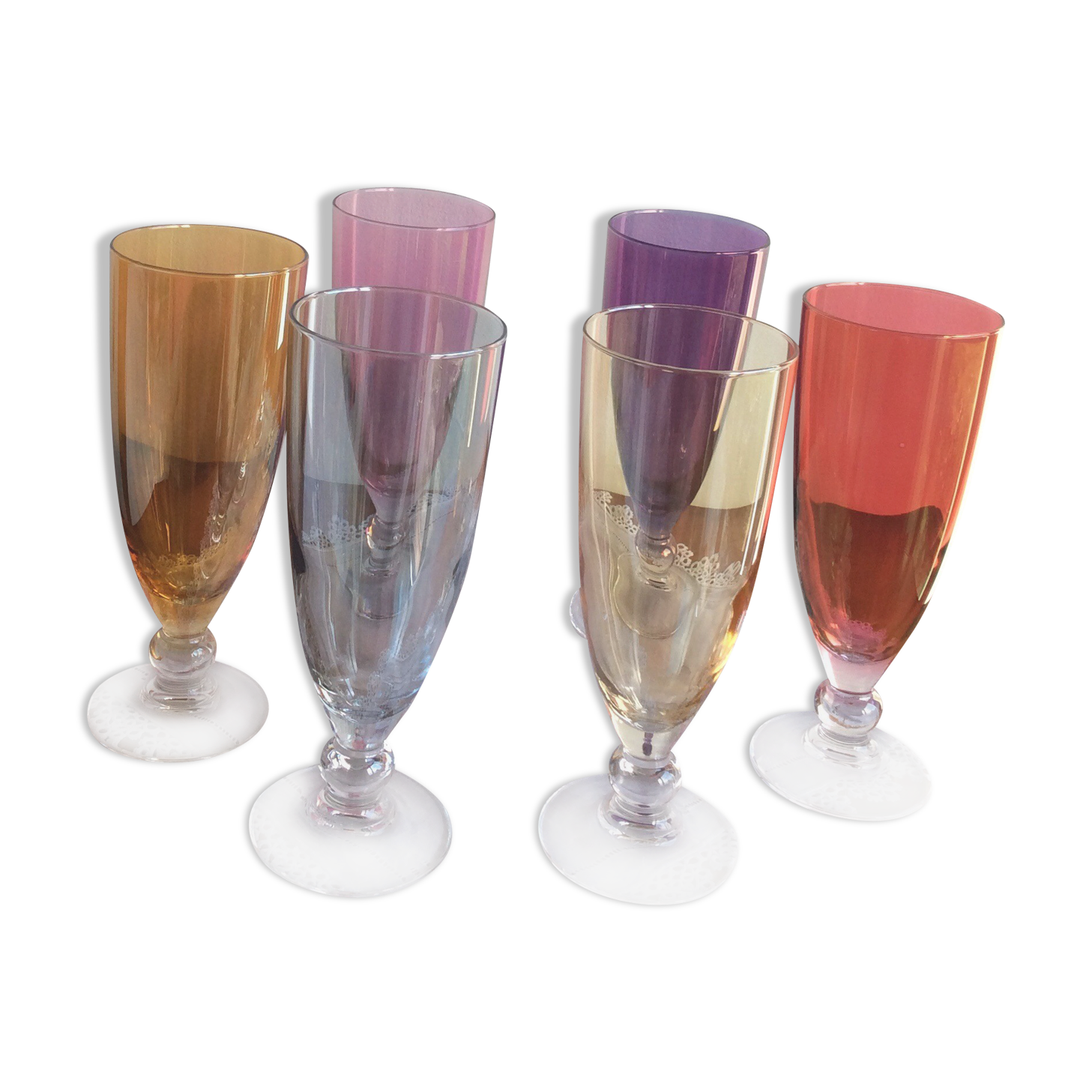 Lot de 6 flûtes à champagne ou autre - verre coloré et irisé - des années 80