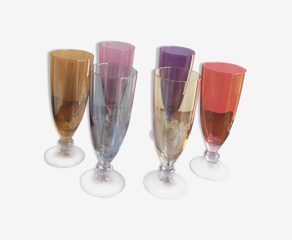 Lot de 6 flûtes à champagne ou autre - verre coloré et irisé - des années  80 | Selency