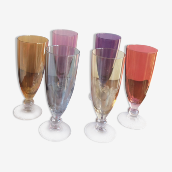 Set of 6 champagne flutes or other - colored and iridescent glass - from the 80s