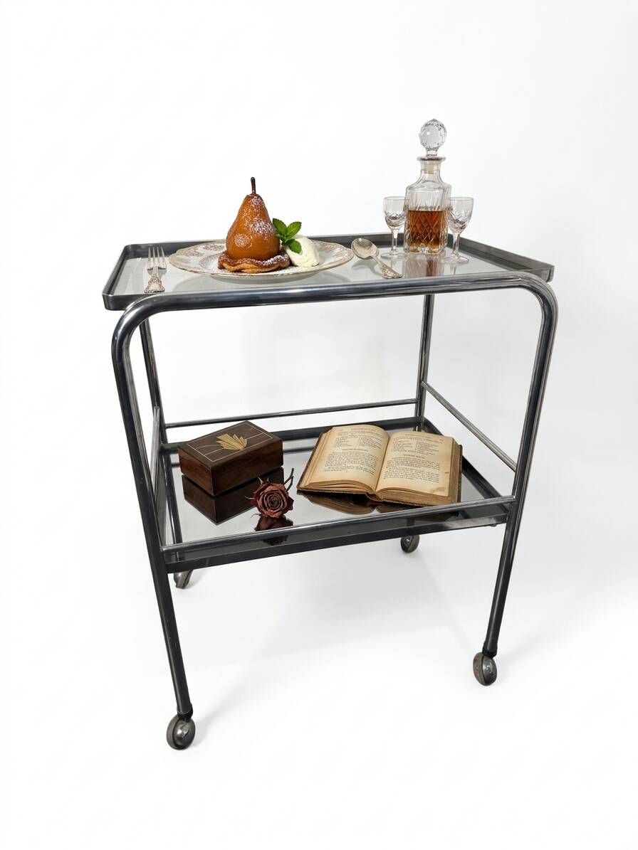 Vintage chrome metal dessert trolley with smoked glass from the 1970s.